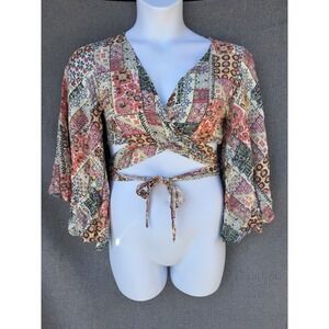 Wrap Tie Crop Top Boho Festival Hippie Bell Sleeve Large HERS & MINE Floral